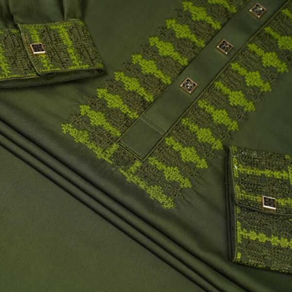 Men’s Embroidered Panjabi Olive - Image 2